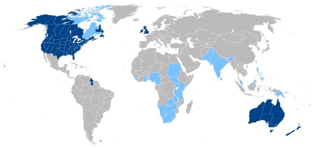carte des pays où l'anglais est la langue officielle